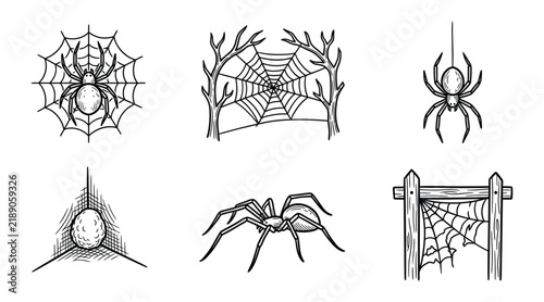 Set of hand drawn spider and cobweb illustrations