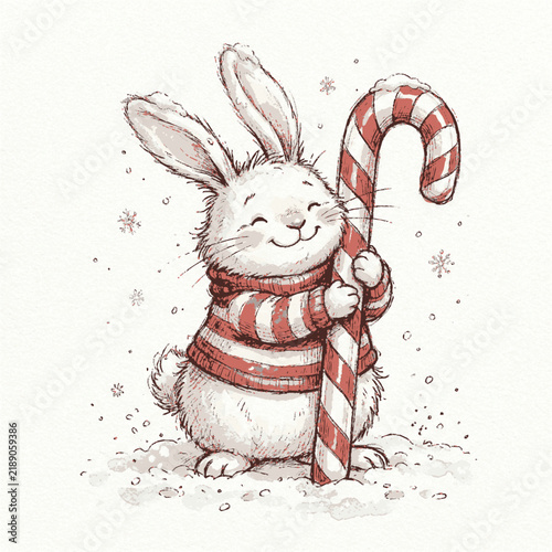 A cute fluffy rabbit wearing a striped sweater holding a large candy cane in winter snow with during winter snowfall wearing red white