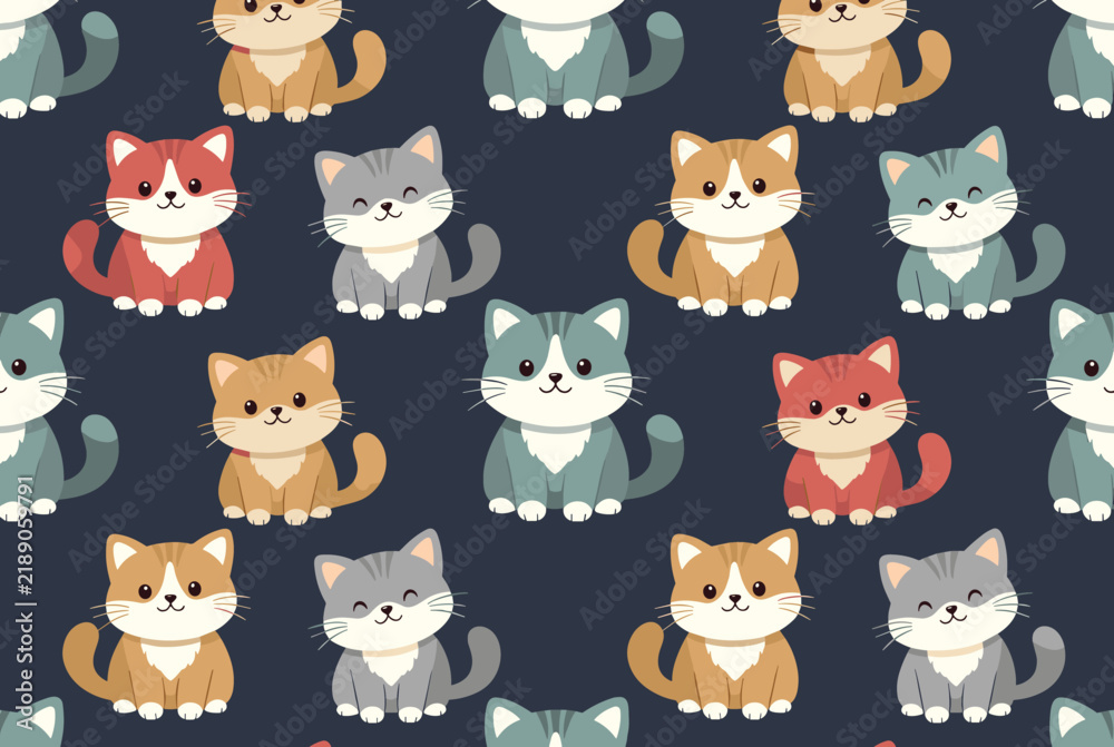 Obraz premium Colorful seamless background pattern of adorable sitting cats, perfect for pet lovers, wallpapers, and textile print.
