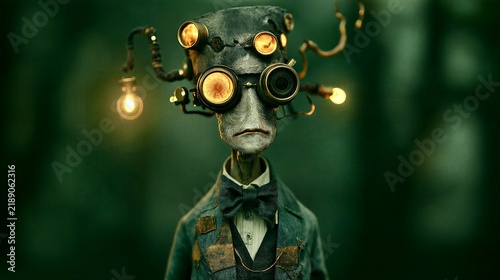 Steampunk Alien Inventor with Mechanical Helmet Glowing Lightbulbs and Vintage Goggles in Dark Forest Portrait 