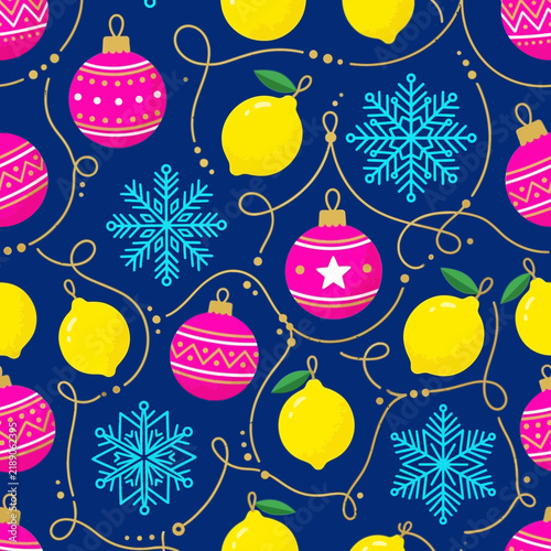 Colorful Seamless Pattern with Festive Ornaments and Fresh Lemons