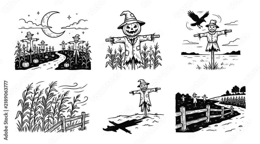 Obraz premium Set of hand drawn scarecrows in field vector illustrations