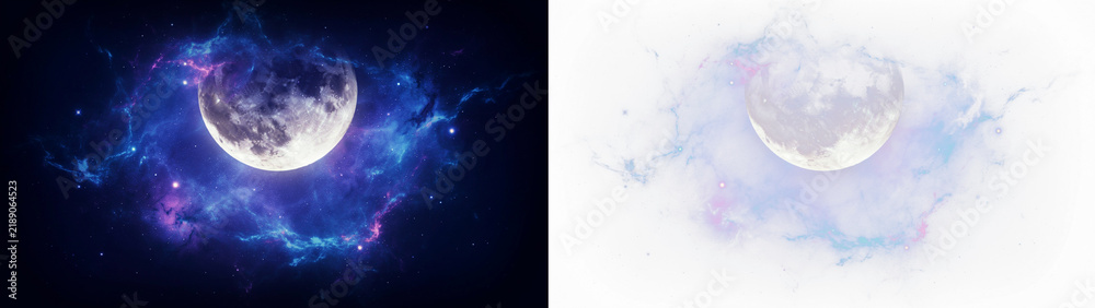 Fototapeta premium A glowing moon surrounded by a vibrant cosmic nebula with swirling blue and purple stardust clouds in deep space isolated on transparent background