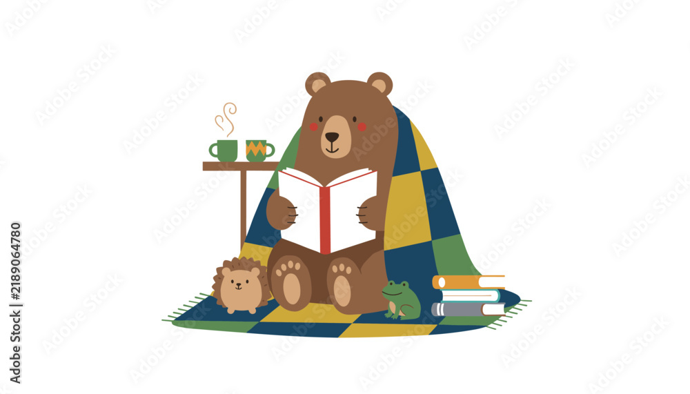 Fototapeta premium Adorable brown bear wrapped in a colorful blanket reading a book with forest friends on a cozy rug.