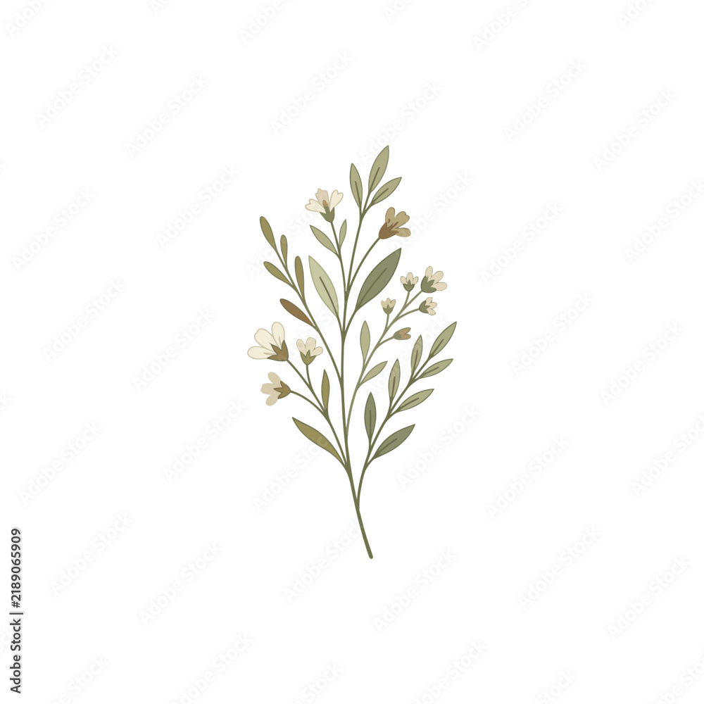 Fototapeta premium Delicate wildflower branch illustration with green leaves