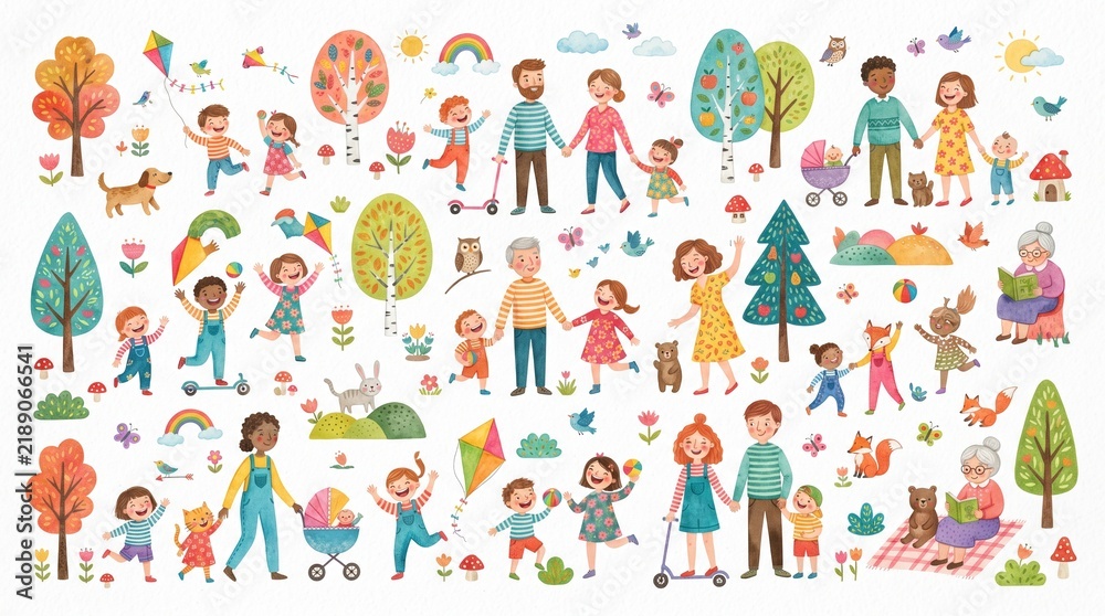 Fototapeta premium Watercolor Happy Family and Outdoor Kids Activities Clip Art Set on White Background