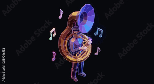 Low poly musician playing tuba with musical notes