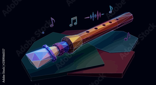Low poly recorder musical instrument with sound waves and notes