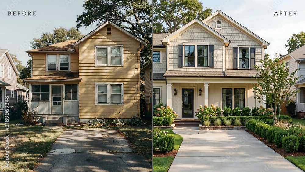 Obraz premium Before and after home renovation of a charming two-story house exterior