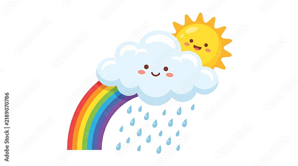 Fototapeta premium Cute cartoon illustration of a smiling cloud with rain, rainbow, and sunshine, isolated on white background.
