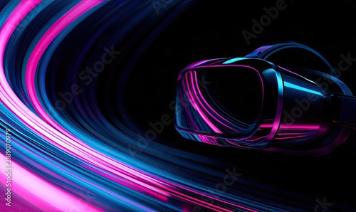 Futuristic virtual reality headset illuminated by vibrant neon light streaks