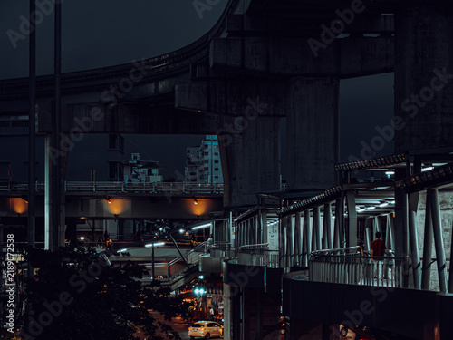Картината върху платно Layered Urban Infrastructure at Night Under Elevated Expressway and Pedestrian W