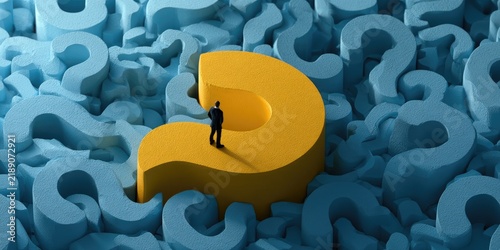 Fototapeta Man in suit stands on a giant yellow question mark surrounded by blue ones
