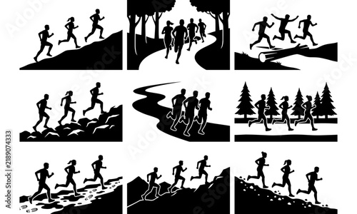 Dirt trail runner athletes jogging through mountains and forests
