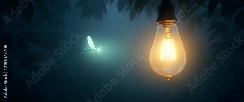 Cute Animated Moth Flying Toward Glowing Incandescent Light Bulb