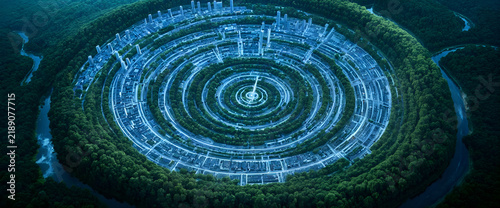 Isometric 3D Rendering Of Sustainable Circular Urban Layout In Dense Forest