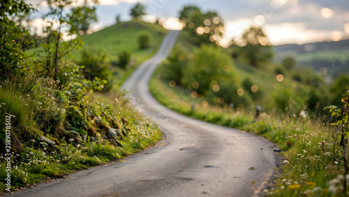Narrow Asphalt Road Curves Through Lush Countryside Landscape