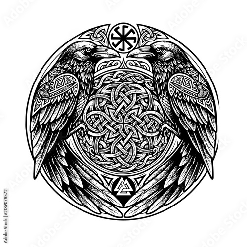 Konstfotografi Viking Twin Ravens with Norse Runes and Celtic Knotwork Circular Composition Vec