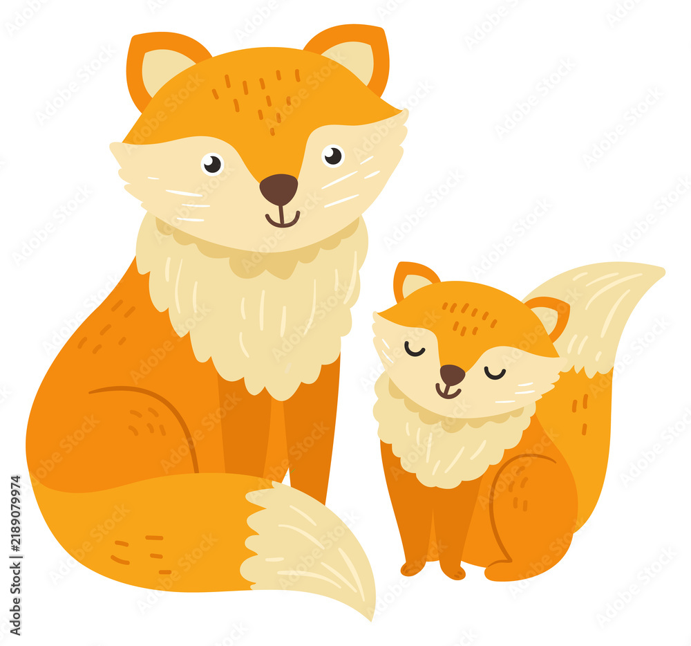 Obraz premium Baby fox with mom. Cute animal family characters