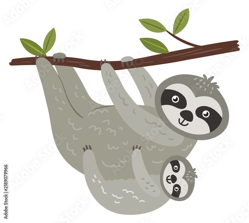 Cuadro en lienzo Sloth mom and baby hanging on tree branch