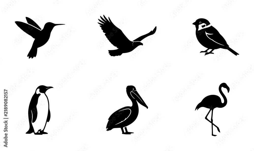 Fototapeta premium Diverse Bird Silhouettes Collection: Hummingbird, Eagle, Sparrow, Penguin, Pelican, Flamingo Icons