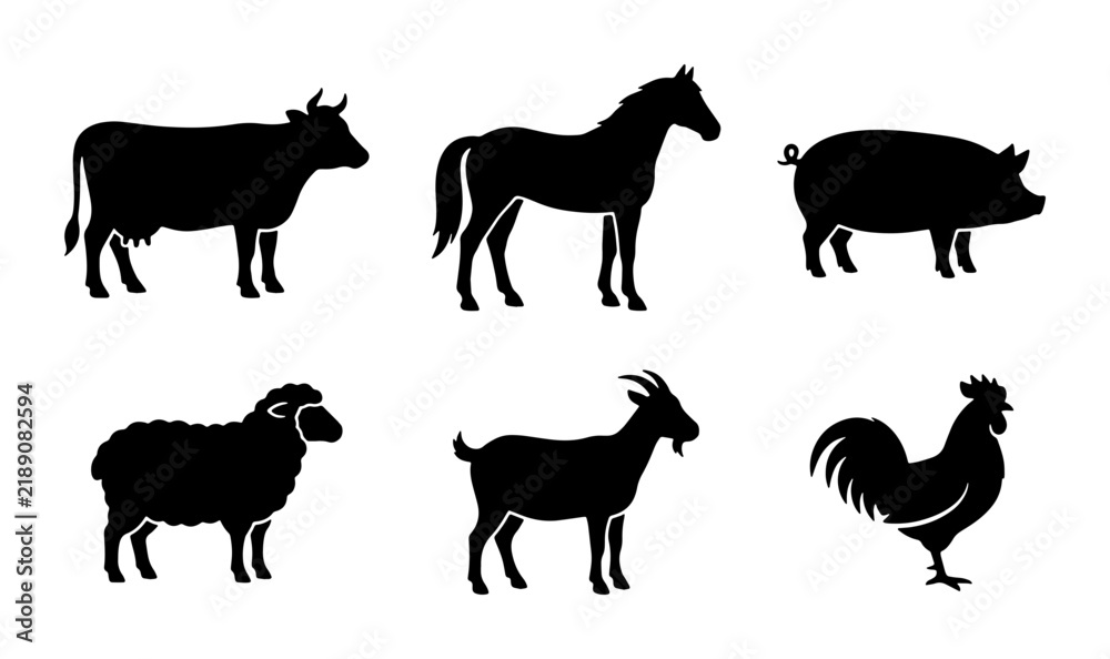 Fototapeta premium Farm Animal Silhouettes Collection: Cow, Horse, Pig, Sheep, Goat, Rooster Icons