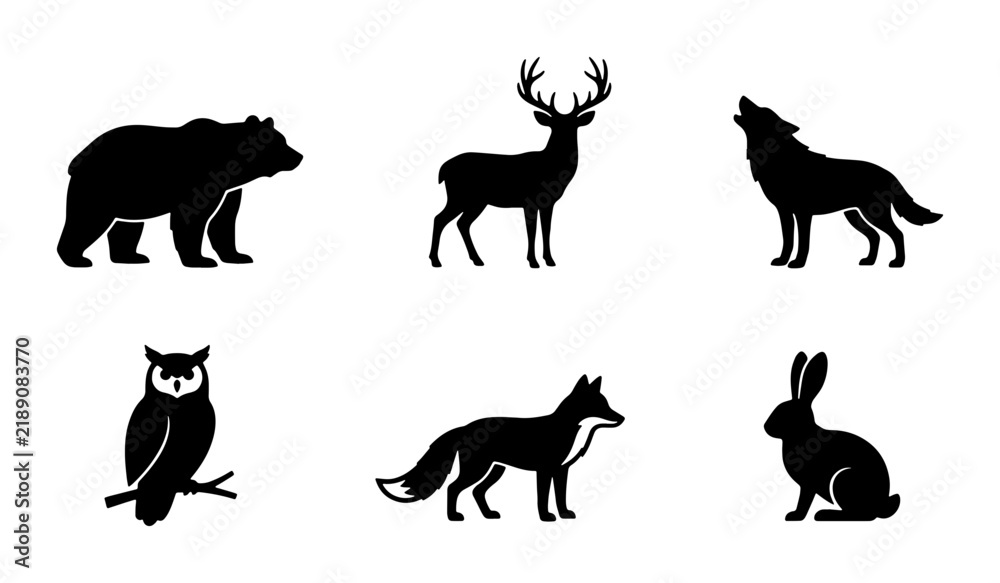 Obraz premium Forest Wildlife Silhouettes: Bear, Deer, Wolf, Owl, Fox, Rabbit Icons. Nature Vector Graphics.