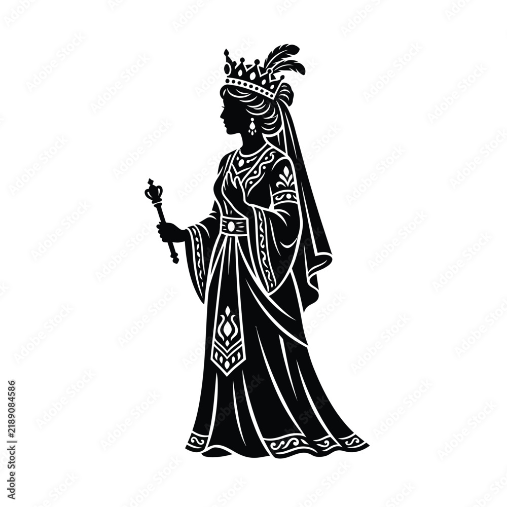 Fototapeta premium Silhouette of a regal queen wearing a crown and holding a scepter.