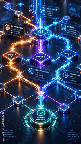 AI decision network neon interface data flow algorithm analysis guides strategic choice with glowing pathways, digital nodes, and optimal outcome