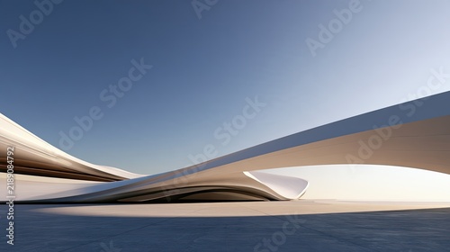 Sleek, organic modern architecture against a clear, bright sky