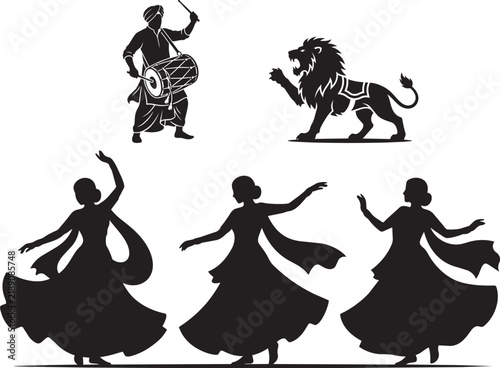 Black silhouettes of indian women dancing in traditional dresses with a man playing drums and a royal lion isolated on transparent background, Vector

