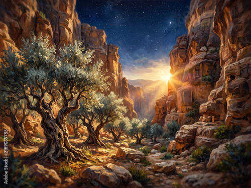Stunning digital painting of ancient olive trees in a rocky canyon during sunrise, illuminated by warm sunlight with a starry night sky above.