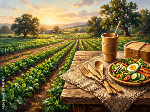 Rustic Picnic Table with Fresh Salad Bowl and Farm Fields at Sunrise