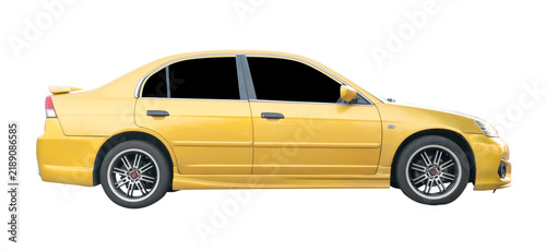 Right side view of yellow sports sedan car isolated with clipping path in png file format