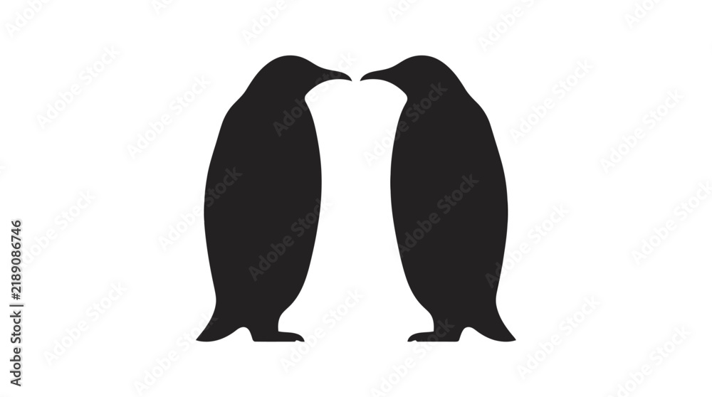 Obraz premium Minimalist black silhouette of two penguins facing each other isolated on a white background, perfect for wildlife and nature-themed graphic design projects