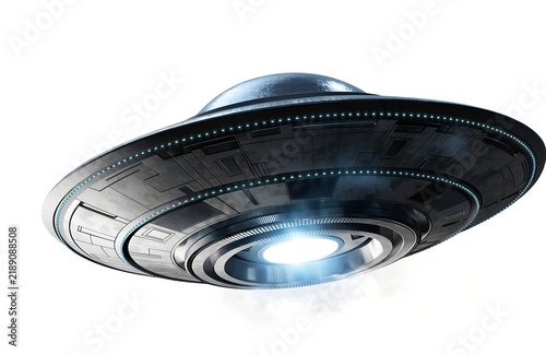 Obraz na płótnie Metallic unidentified flying object hovering with glowing light bottom
