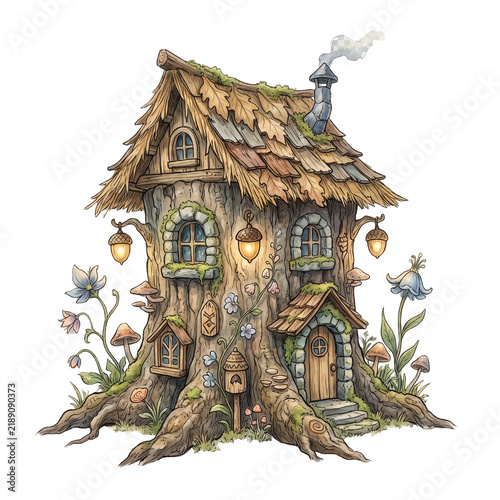 Whimsical fairy house built into a tree stump with hanging lanterns and climbing vines for fantasy branding