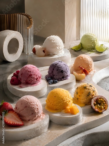 Assorted Fruit Ice Cream Scoops on Elegant Modern Stone Platters