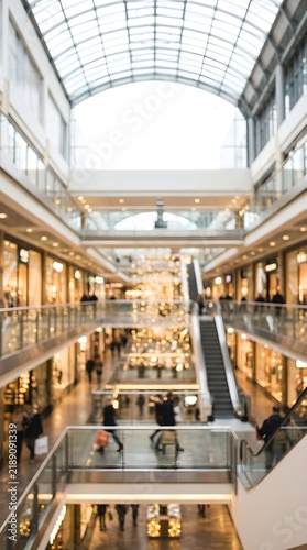 Blurred view of a modern multi-level shopping mall interior with people walking.