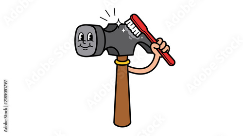Cartoon hammer character hitting a smaller hammer tool.