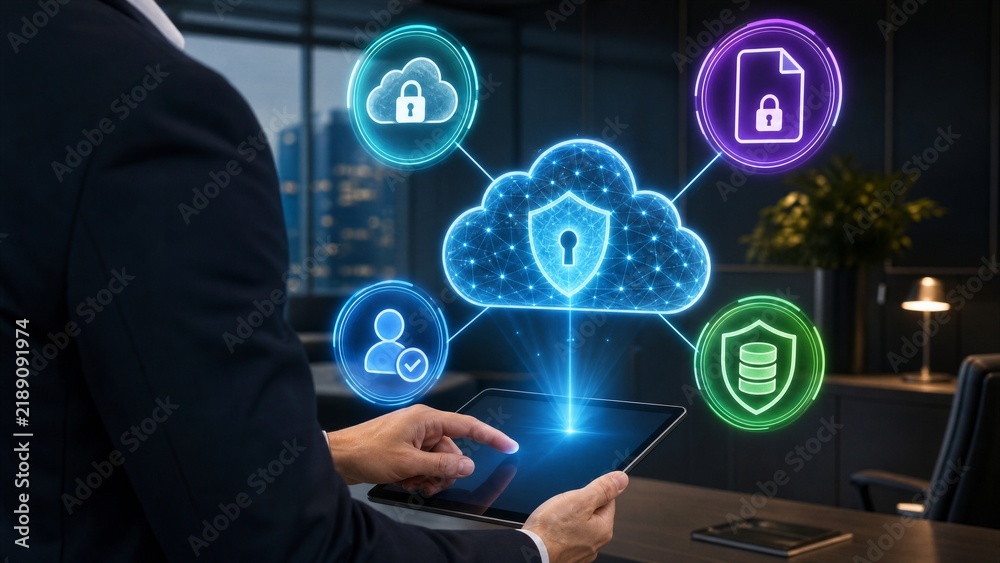 Obraz premium Businessman using tablet with digital cloud security interface in office