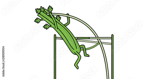 Celery stick performing a high jump over a bar.