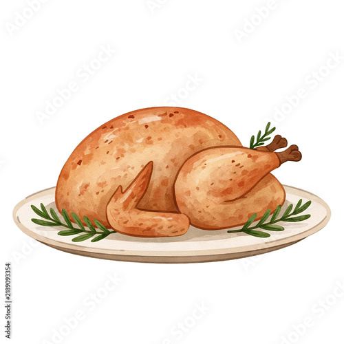 Roasted turkey dinner illustration with herb garnish on plate clipart isolated on transparency background