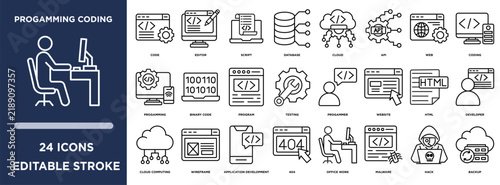 Progamming coding line icons set with code, editor, script, database, cloud, api, web, coding, programming concepts. Editable stroke vector collection.