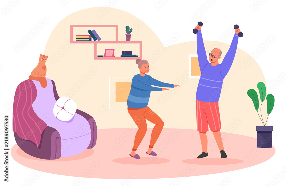 Obraz premium Morning exercise at senior couple home. Healthy lifestyle
