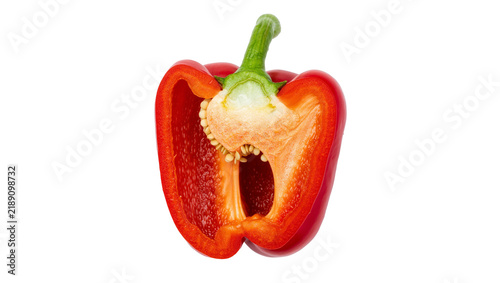 Bright red bell pepper half with visible seeds and stem, isolated on transparent background