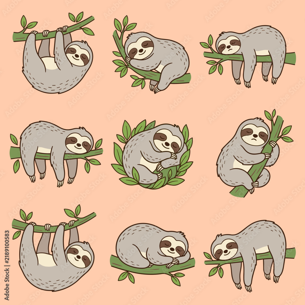 Fototapeta premium Cute cartoon sloth characters set sleeping climbing and hanging on tree branch in wildlife nature