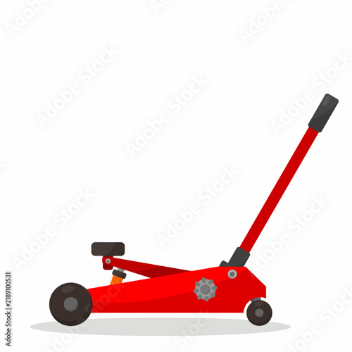 Flat design vector illustration of a red hydraulic car jack floor jack, isolated on white background.