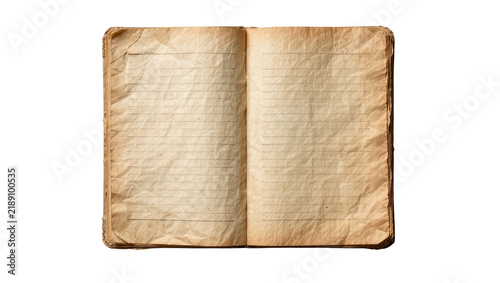 Old lined notebook with crumpled aged paper pages, isolated on transparent background