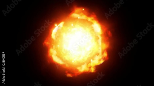 Fireball explosion shines with intense yellow and orange flames radiating heat against a dark black background.